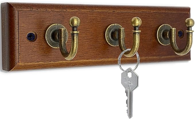 6.7 inch Wooden Key Holder for Wall, Decorative Key Rack with 3 Hooks | 1-Pack, Brown, Retro Metal Hooks, Natural Solid Wood