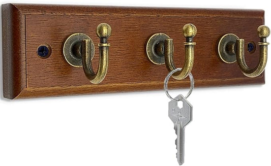 6.7 inch Wooden Key Holder for Wall, Decorative Key Rack with 3 Hooks | 1-Pack, Brown, Retro Metal Hooks, Natural Solid Wood