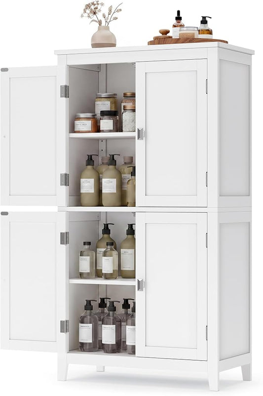 SONGMICS HOME Freestanding Storage Cabinet, Floor Cabinet with Elevated Legs, Metal Handles, for Living Room, Kitchen, Bathroom, White
