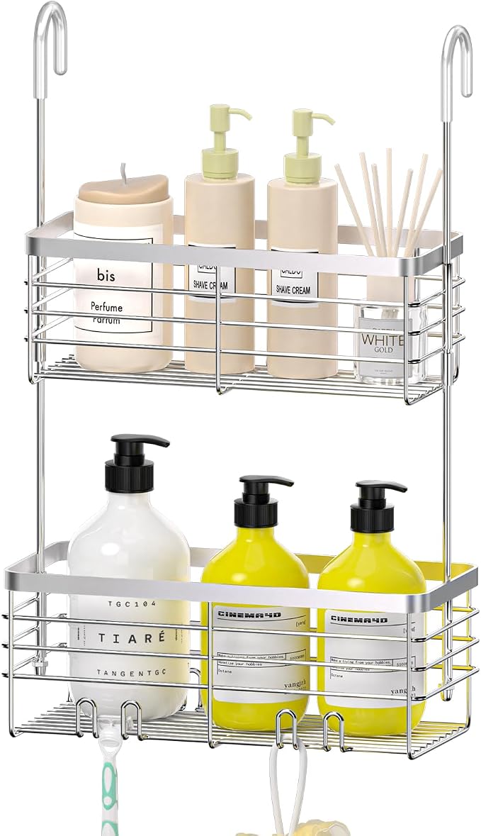 DELLAN Hanging Shower Caddy, 2-Tier Shower Rack with Hooks Over the Door | Bathroom Shower Caddy and Basket