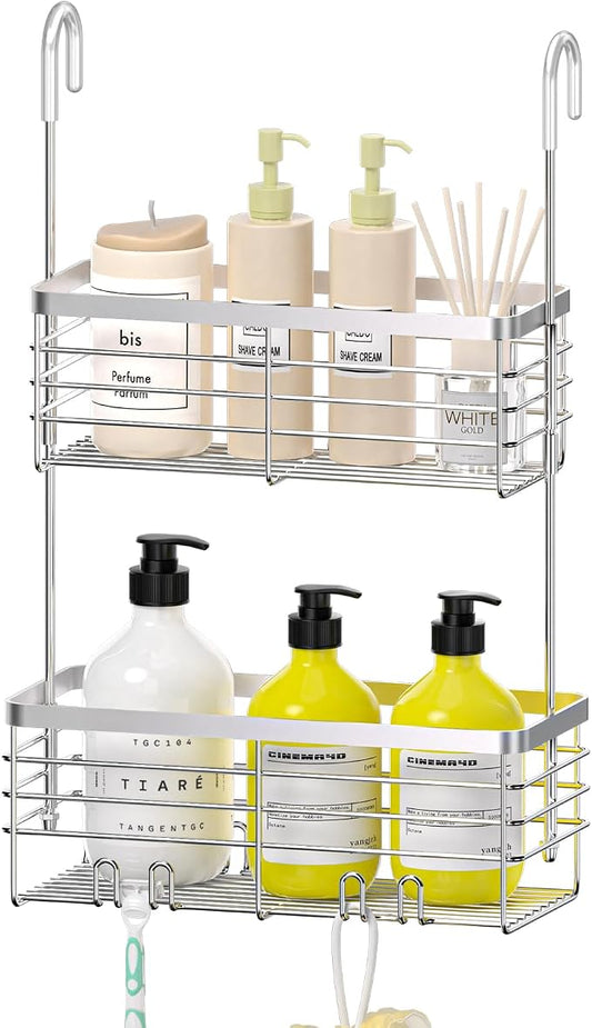 DELLAN Hanging Shower Caddy, 2-Tier Shower Rack with Hooks Over the Door | Bathroom Shower Caddy and Basket