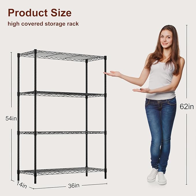 BestOffice | 4-Tier Wire Shelf | 36" x 14" x 54" | Black | Storage Shelves with Adjustable Racks, Holds upto 1000 lbs | Rust-Resistant, No-Tool Assembly | For Home, Garage