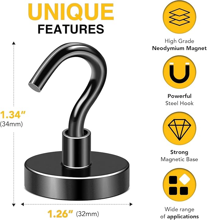 DIYMAG Magnetic Hooks 8pcs 120lbs Cruise Essentials 2026 Magnet Hook Black | Neodymium Heavy Duty Strong Magnets Hanging Ship Cabins Refrigerator Fridge Classroom Beach Vacation Kitchen Grills Home Tool