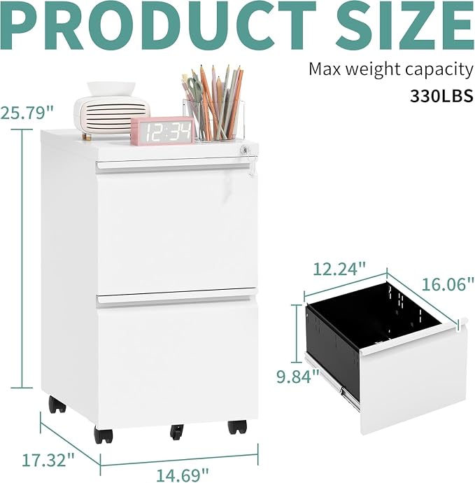 Guizeeopo 2 Drawer Locking File Cabinet, Fully Assembled Heavy-Duty Metal Filing Cabinets for Home Office, Quiet Slides, Anti-Tipping Wheels, Fits A4/Letter/Legal, Matte White