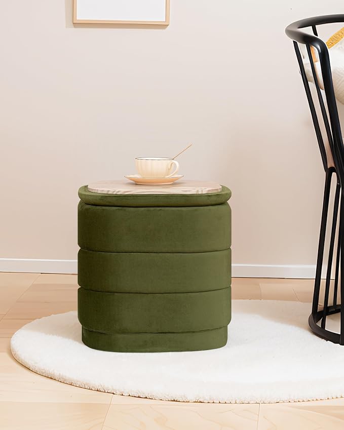 B FSOBEIIALEO Velvet Storage Ottoman with Tray, Square Folding Ottoman with Storage Coffee Table Foot Rest for Dorm Room, Living Room Olive, 15"x15"x15"