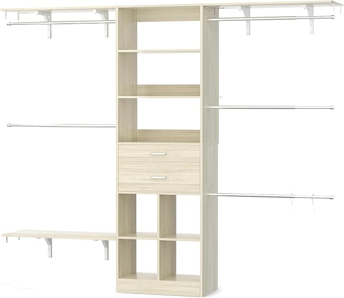 Besiost Closet System - 5-8FT Closet Organizer System with Wooden Drawers & Cube Storage Organizer, Up To 96" Closet Systems for Nursery & Walk-In Closets with Cuttable Hanging Shelving, Greige Oak