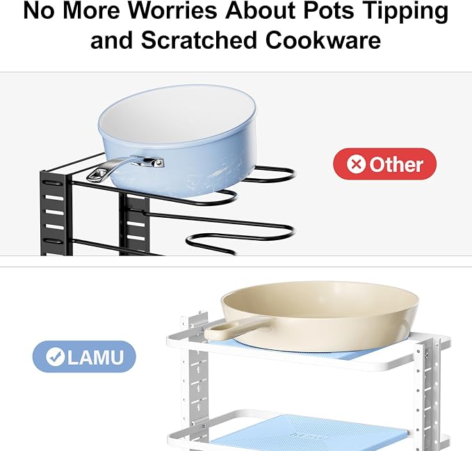 LAMU Pots and Pans Organizer for under Cabinet, 6-Tier Heavy Duty Pan Pot Organizers inside Cabinet Adjustable 14 to 24.57", Pot Rack Kitchen Cabinet Organization and Storage Holds up to 12" Cookware