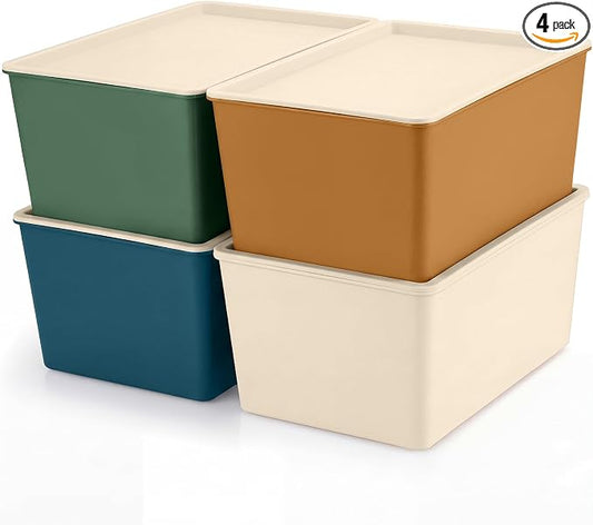 4 Pcs Storage Bins with Lids Plastic Stackable Containers for Classroom Room Organizing Shelves Christmas Ornament Box Baskets(Mixed Color,Small)