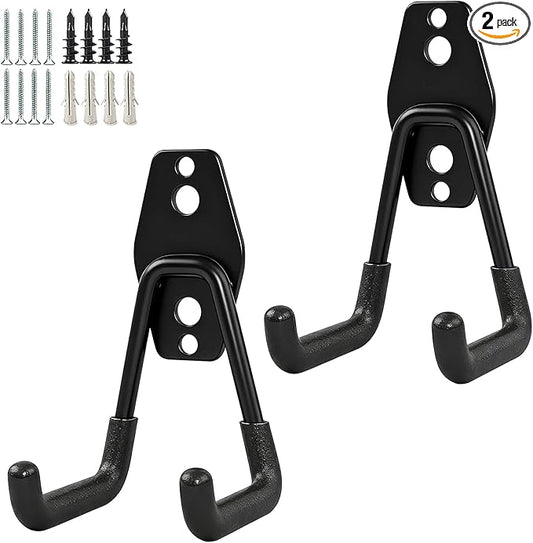GeeWatom 2 Pack Garage Storage Utility Hooks，Garage Garden Tool Organizer，Steel Wall Mount Hooks, Garden Small U Hooks (Matte Black)