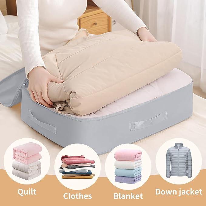 Comforter Storage Bag, Bedding & Blanket Self Compression Storage Organizer | Compression Storage Bag for Blanket Storage, Thick Satin Fabric Heavy Duty Bags for Pillow Duvet (Gray, L)