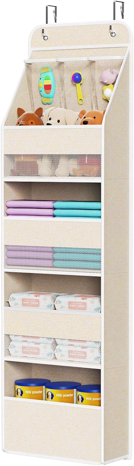 Univivi Over the Door Organizer for Baby Nursery, Beige Pattern, 5-Shelf | Door Storage with Large Capacity Breathable Mesh Pockets, Fabric Over Door Organizer for Baby Essential, Bedroom and Dorm