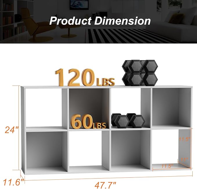 Sweetcrispy 8 Cube Storage Organizer, Stackable Modular Bookcase Shelf | Vertical or Horizontal Use, Fits 11×11" Bins, Removable Back Panels, for Living Room, Office, Entrance White Wood