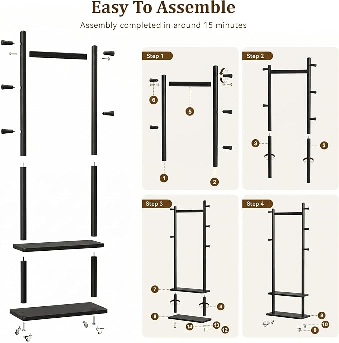 Taitiy Solid Wood Coat Rack Small Freestanding with Wheels 2 Shelves | Small spaces, solid rubberwood construction, 2 shelves and 5 hooks, ideal for bedrooms, entryways, apartments and homes