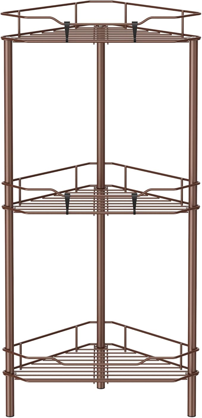 HuggieGems 3 Tier Floor Standing Corner Shower Caddy Organizer Shelf with Hooks, Bathroom Shelves Stand Rack, Coffee