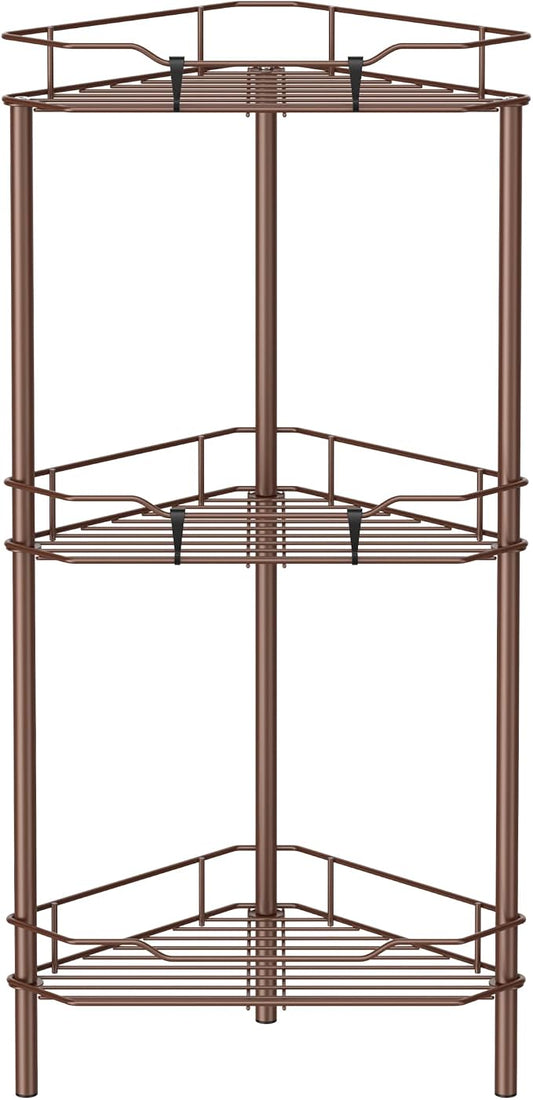 HuggieGems 3 Tier Floor Standing Corner Shower Caddy Organizer Shelf with Hooks, Bathroom Shelves Stand Rack, Coffee