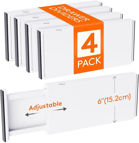 Lifewit 4 Pack 6" High Drawer Dividers 34-56cm/13.5-22" Adjustable Drawer Organizer for Clothes/Utensils, Expandable Drawer Separator in Dresser/Kitchen/Bedroom/Office Organization & Storage White