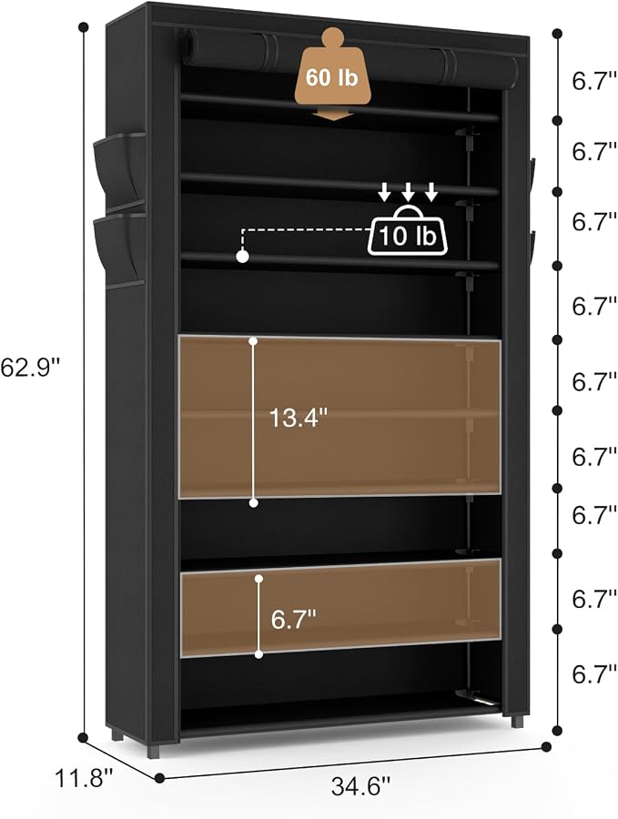 VILICK Shoe Rack with Cover Narrow Shoe Organizer with Pockets 10 Tier Tall Shoe Storage Holds 36-41 Pairs Shoes and Boots Shoe Rack for Closet Entryway Garage, Black
