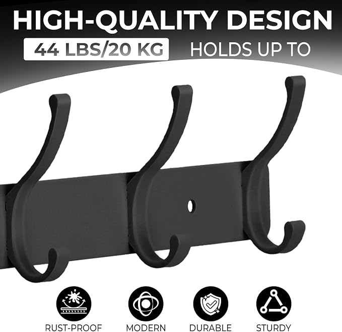 Wall Mount Coat Rack 2 Pack, Black Coat Hooks Hanger with 6 Double Hooks | Zinc Alloy, Smooth Hook Edges, Screw Installation, Double Hooks，Greater Storage Space for Hanging Robes, Clothes, Bags, Hat