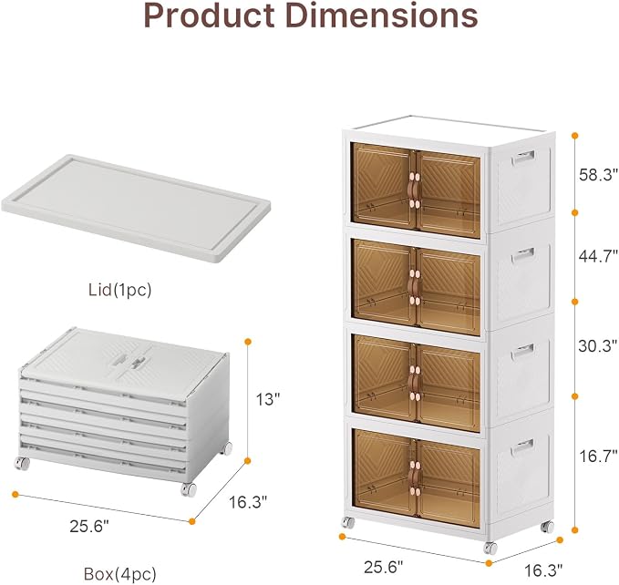 UAMFURI Stackable Storage Bins with Lids, 960QT Lockable Storage Cabinet | Folding Storage Box with Doors and Wheels, Collapsible Plastic Drawers for Home, Garage, Office