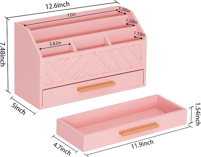 dreampossible Pink Wood Desk Organizer and Accessories with Drawer, Bill Mail Organizer and File Mail Holder for Office Supplies, Modern Desk Accessories & Workspace Organizers for Desk Organization