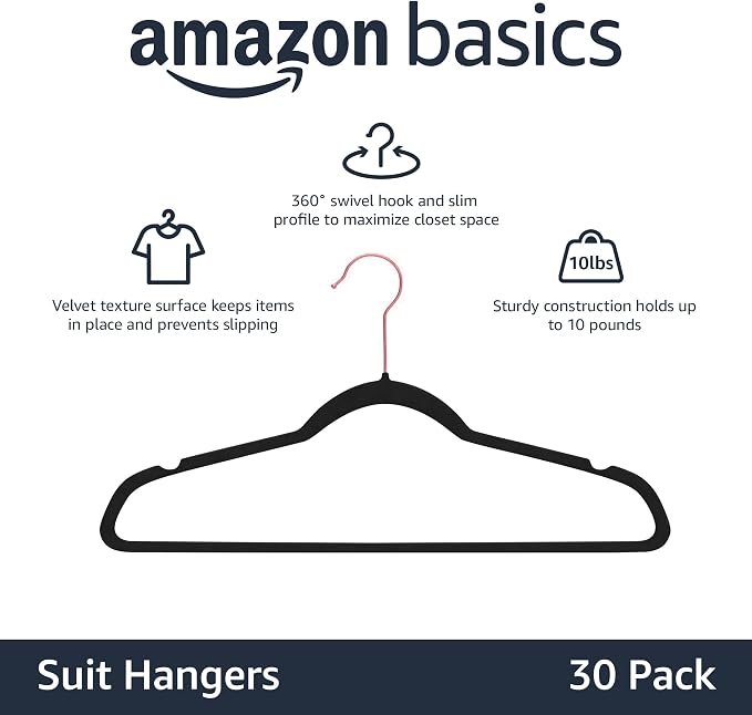 Amazon Basics Slim Velvet Non-Slip Space Saving Sturdy Suit Clothes Hangers, Closet Organizer, Black/Rose Gold, 30-Pack