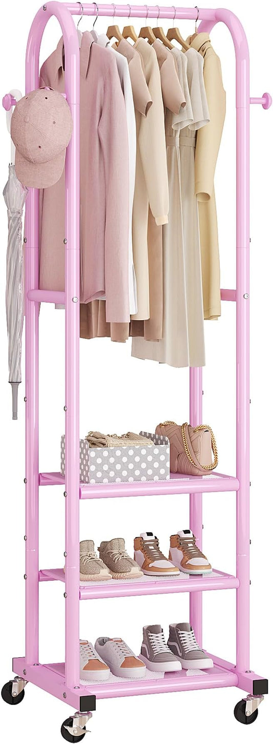 Dttwacoyh Clothing Rack with Wheels,Narrow Metal Garment Rack,Pink | Easy to install, 71.8 Inches Display Rack with 4 Side Hooks & 3 Shelves,for Small Flats, Bedroom, Entryway,Pink Clothes Rack