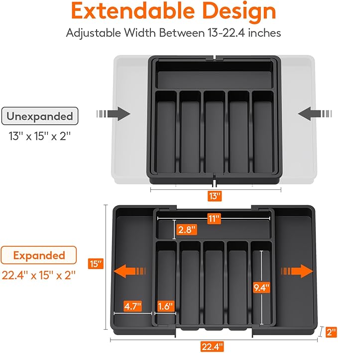 Lifewit Extra Large Silverware Drawer Organizer, Expandable Utensil Tray for Kitchen, BPA Free Flatware and Cutlery Holder, Adjustable Plastic Storage for Spoons Forks Knives, 13-22 x 15, Black