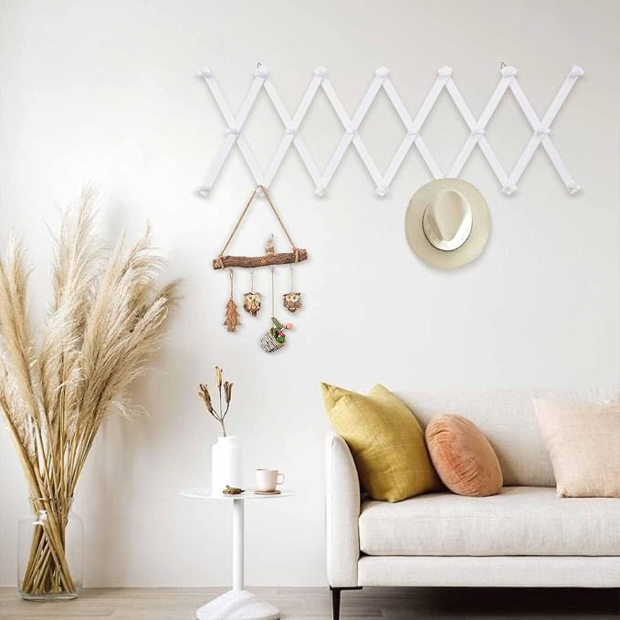 SCUNDA Wall Rack with 20 Hooks, Wooden Wall Expandable Coat Rack for Coat, Hats, Baseball Caps, Coffee Mug, Jewelry(White)