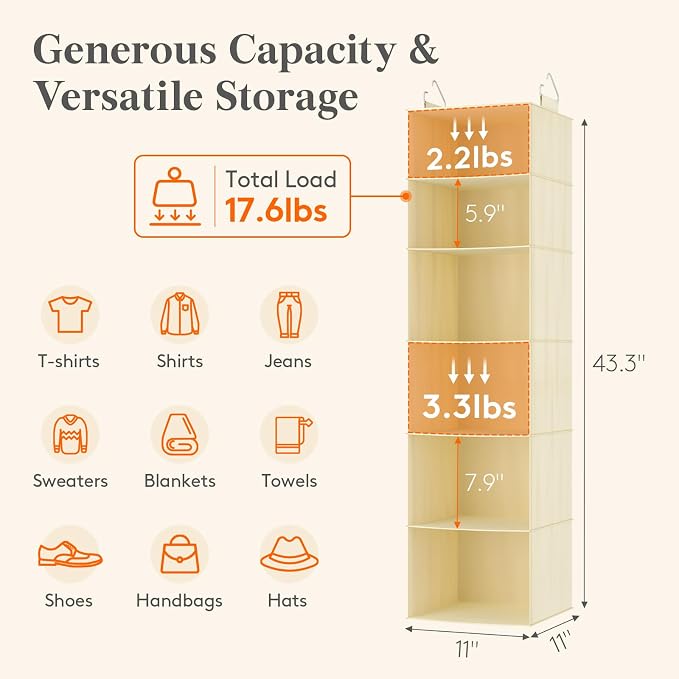 Lifewit 6 Tier Hanging Portable Closet Storage Organizer for Shelves, Gray | Foldable Clothes Shelf with 2 Sturdy Hooks, Sweater/Coat/Shoes Clothing Organization for Wardrobe, Dorm, Bedroom