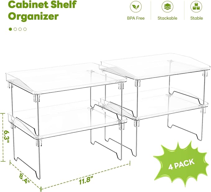 STARLATTA Acrylic Cabinet Organizer Shelf,4 Pcs Stackable Kitchen Counter Shelves,Spice Rack,Countertop Organizers,Clear Plastic Storage Organization for Makeup，Bathroom,Cupboard,Desk,Pantry