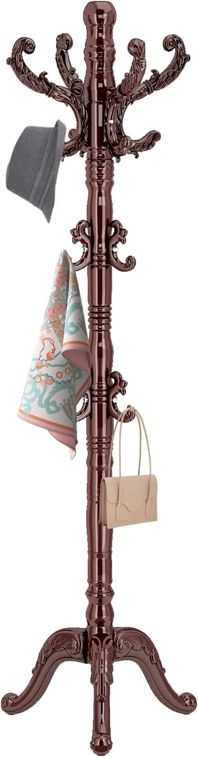 ZOZOE Wooden Coat Rack,Vintage Coat Rack Freestanding with 14 Hooks | Solid Wood Coat Rack Stand with Triangle Base,Classic Natural Birch Wood Coat Clothes Tree Stand for Entryway Hallway