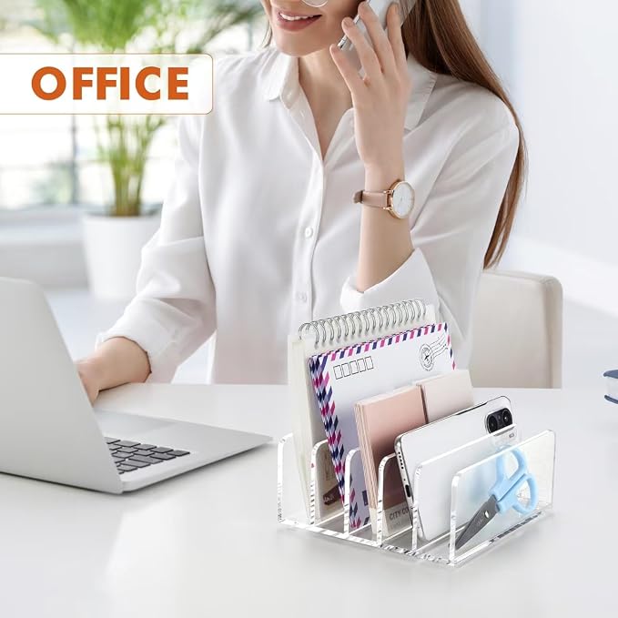 BEYGORM Acrylic Mail Holder, 5 Compartments Multifunction Desk Organizer | Clear Vertical Letter Sorter with Dividers, Modern Office & Home Storage for Bills, Documents & Folders