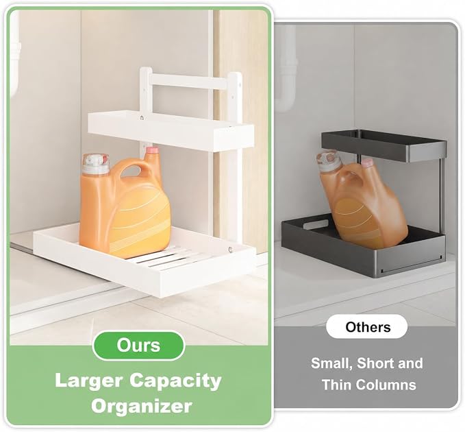 Bamboo Under Sink Organizer, 2-Tier Pull Out Cabinet Organizer | Kitchen Sink Organizer | Bathroom Cabinet Organizer | Cleaning Supply Storage | L-Shape | 3-Level Adjustable | Natural Bamboo