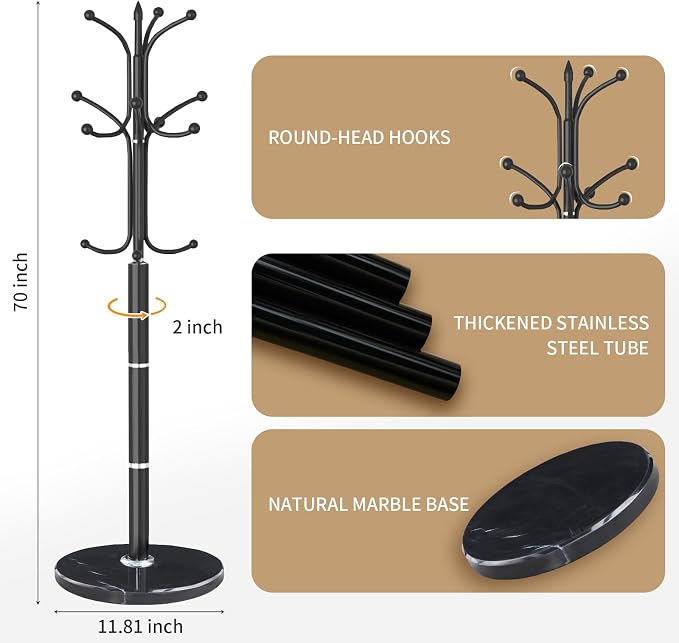 Metal Coat Rack Stand, Modern Freestanding Coat Rack with Natural Marble Base, Black Coat Racks and Coat Hall Tree Hanger Stand with 12 Hooks for Entryway, Hallway, Office