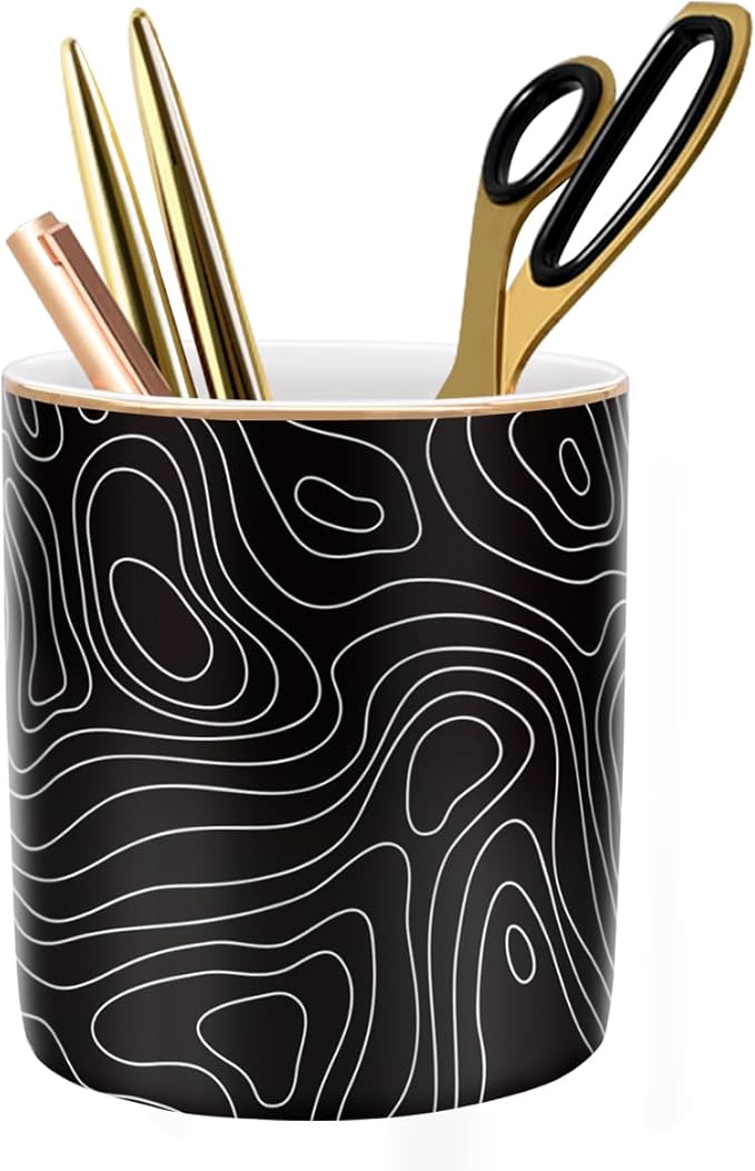 Large Capacity Pen Holder, Pencil Cup for Desk, Cute Makeup Brush Holder, Durable Ceramic Organizer Decor for College, Office, Classroom, Abstract Geometric Pattern