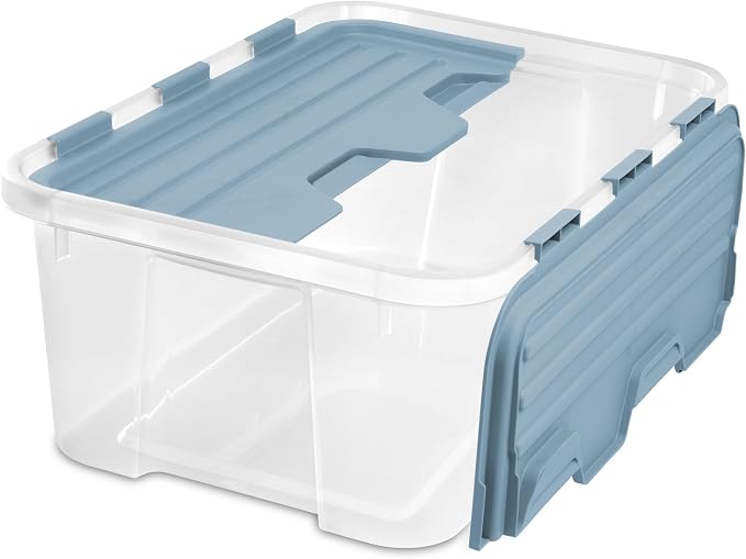 Sterilite Hinged Lid Storage Box, Plastic Container, 40 Quart, 6-Pack | Washed Blue - Home Organizer Tote for Storing Shoes, Crafts, Clothing, or Decor