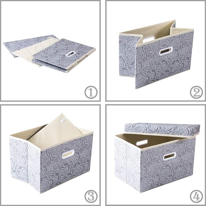 PRANDOM Foldable Storage Bins with Lids [5-Pack] Fabric Decorative Storage Box Cubes Organizer Containers Baskets with Cover Handles Divider for Bedroom Closet Living Room Grey 14.9x9.8x9.8 Inch