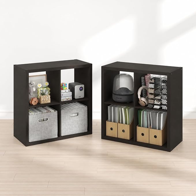 Furinno Cubicle Book Shelf Set of 2, 4-Cube Bookshelf, Black Dark Oak | 14.6 x 30 x 30, 1.2" Thick Frame Bookcase with Reversible Open Back, for Living Room, Bedroom, Home Office