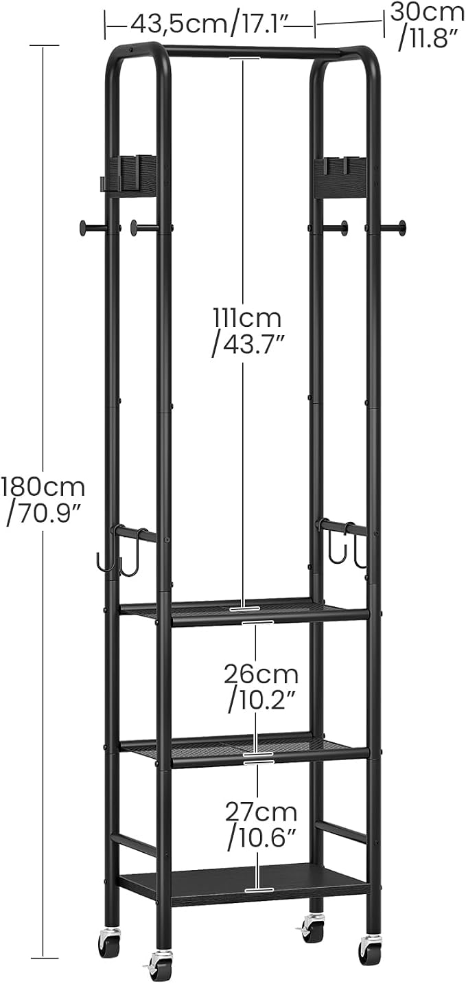 Coat Rack, Freestanding Coat Rack with 3 Shelves, Rolling Garment Rack with Wheels and Hooks, Coat Hanger Stand, Clothes Rack, Hanging Rod, for Entryway, Bedroom, Living Room, Black TYM17BB