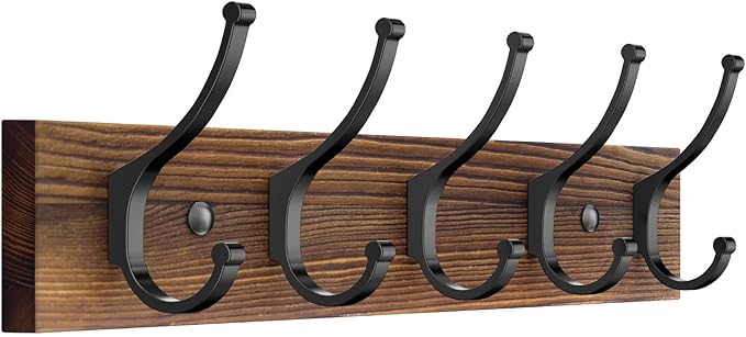 Optish 1 Pack Wooden Coat Rack Wall Mount, 16.1" Rustic Coat Hanger Hooks with 5 Double Hooks, Wall Coat Rack for Hat, Clothes, Bags, Jacket, Brown