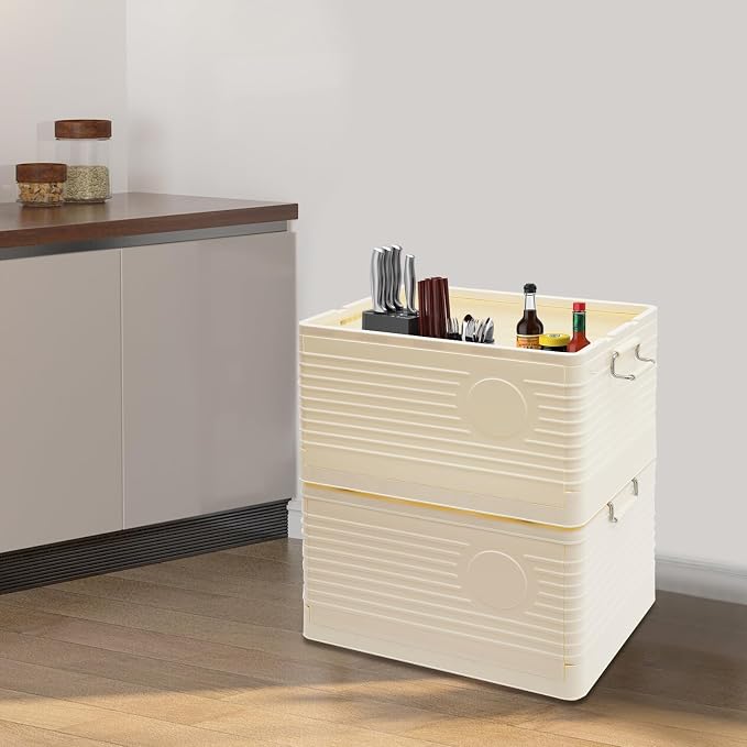 Yykniey Foldable Storage Bins with Wheels, 2 Pack Stackable Collapsible Storage Box Organizer for Closet Bedroom Living Room, Cream White