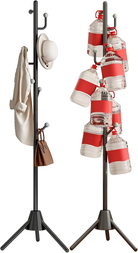 Heavy Duty Anti-Tip Coat Rack with 8LB Stable Weighted Base, [80LB Load Tested] Metal Standing Tree with 8 Hooks, 3-Height Adjustable Space Saving Clothes Organizer for Entryway, Bedroom, Office