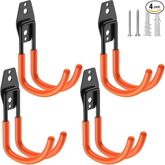 HUPBIPY Heavy Duty Garage Hooks 4 Pack, J Shaped Hanger, Wall Mounted Storage System, Power and Garden Tool Organizer, for Hanging Ladders, Bikes Tires, Hose, Bulk Items