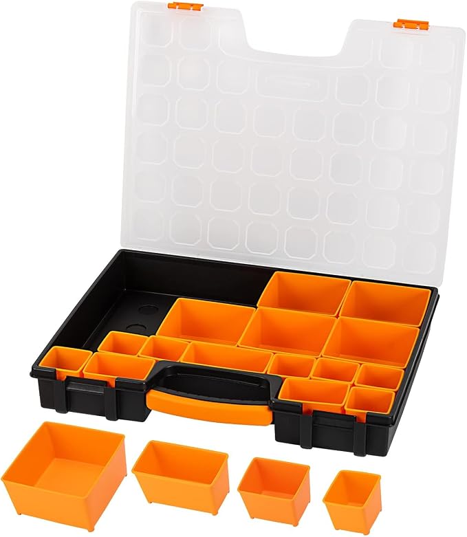 Amazon Basics 19-Removable Compartment Small Parts Organizer, Portable Hardware Storage Box with Customizable Compartments, Black, Orange, 16.5 x 13.2 x 2.4 inches