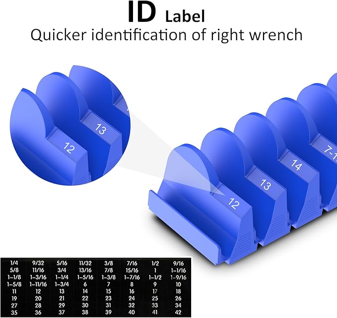 DEHOYI 48 pcs MAGNETIC Modular Wrench Organizers for Tool Drawers - Wrench Rack with Metric&SAE Labels, Perfect Tool Storage Holder. Gift for mechanics (Blue)