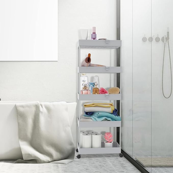 SPACEKEEPER 5 Tier Storage Rolling Cart, Bathroom Cart with Wheels, Gray | Mobile Storage Cart for Laundry Room Organization,Kitchen,Office,Bathroom, Utility Cart for Snack,Craft,Art,Makeup,Nail,Toys