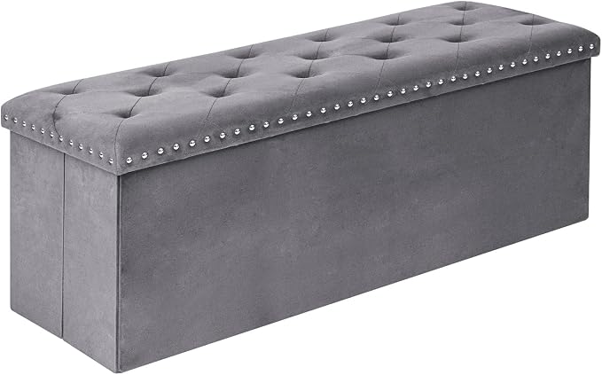 Velvet Storage Ottoman Bench, 43.3" Upholstered Tufted Ottoman with Storage, Folding Footrest Bench for Bedroom, Living Room, or Entryway, Grey