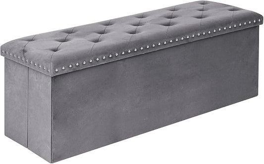 Velvet Storage Ottoman Bench, 43.3" Upholstered Tufted Ottoman with Storage, Folding Footrest Bench for Bedroom, Living Room, or Entryway, Grey