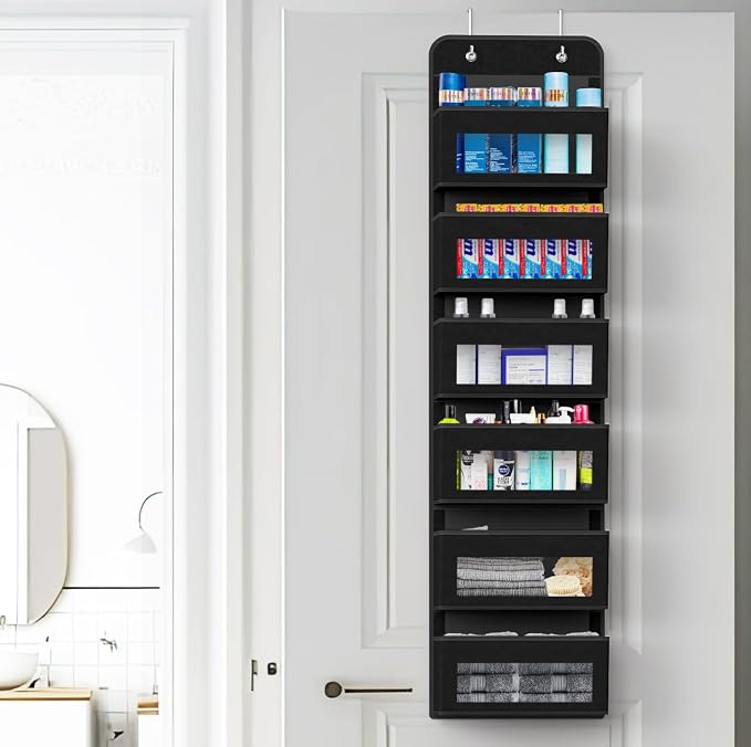 Simple Houseware 6 Clear Window Pocket Over Door Hanging Organizer, Black | Over the Door Storage for Closet, Bedroom, Bathroom, Pantry