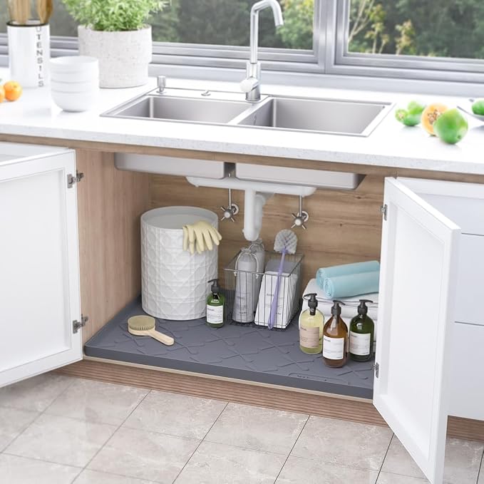 SIKADEER Waterproof Under Sink Mat Food-Grade Kitchen Shelf Liner 40" x 22" | Thick Raised Edge Cabinet Protector, BPA Free Kitchen Organizer and Storage, Non-Slip Dog & Cat Mat, Silicone Drying Mat